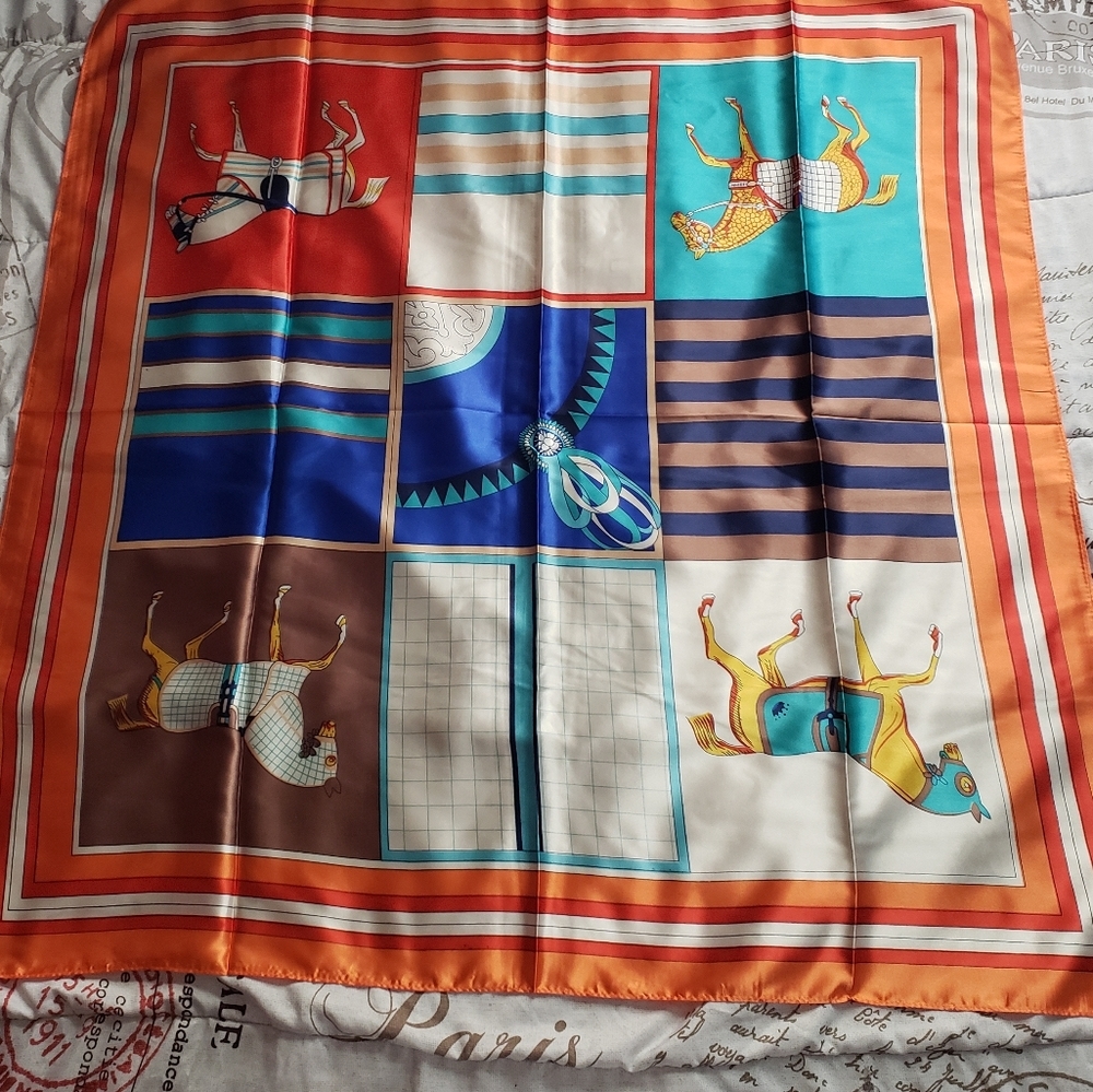 Orange and blue vintage horses scarf 90cm by 90cm